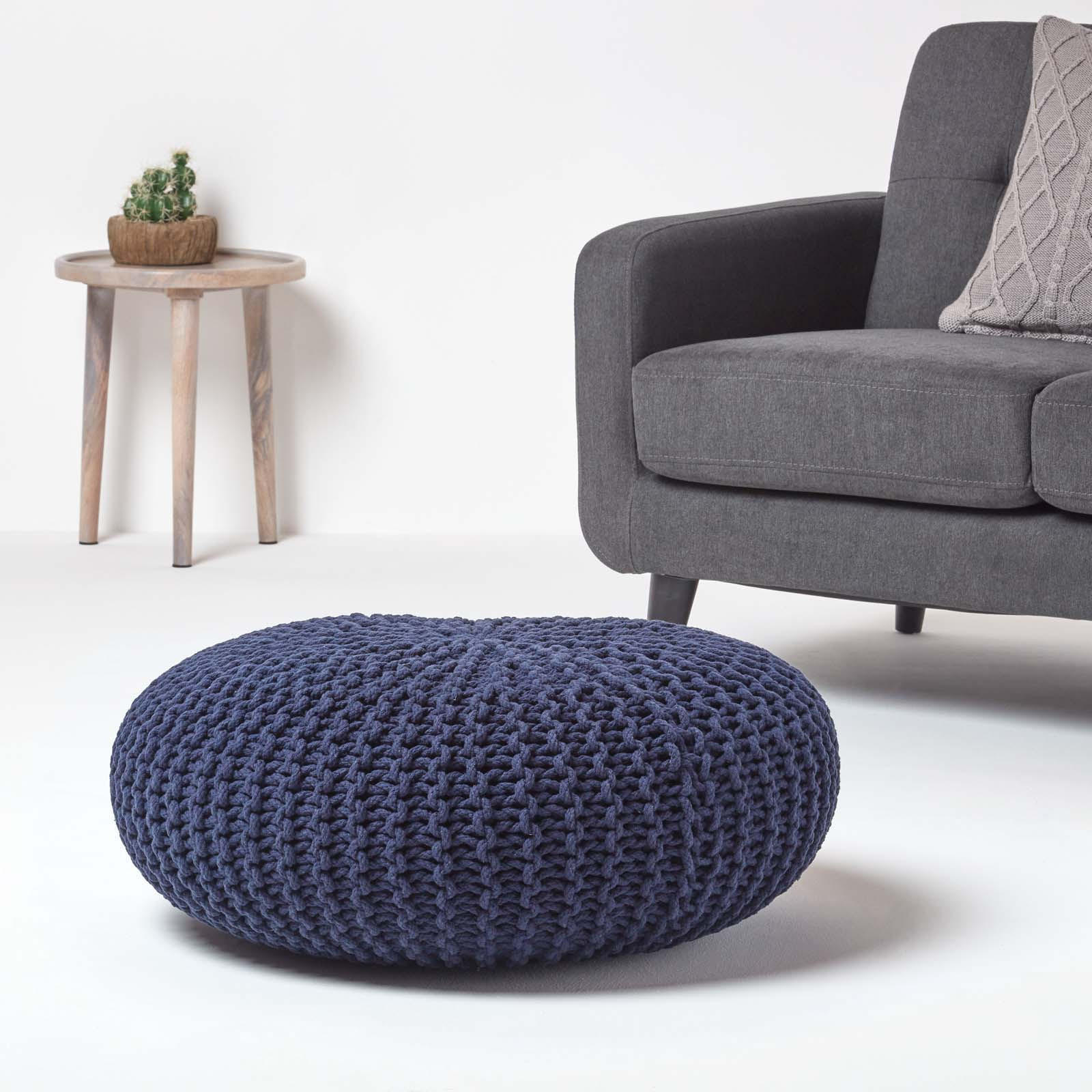 Thumbnail - Homescapes Strick-Pouf, Dunkelblau, Textil, Uni, Rund, 70x23x70 cm, Wohnzimmer, Hocker, Poufs