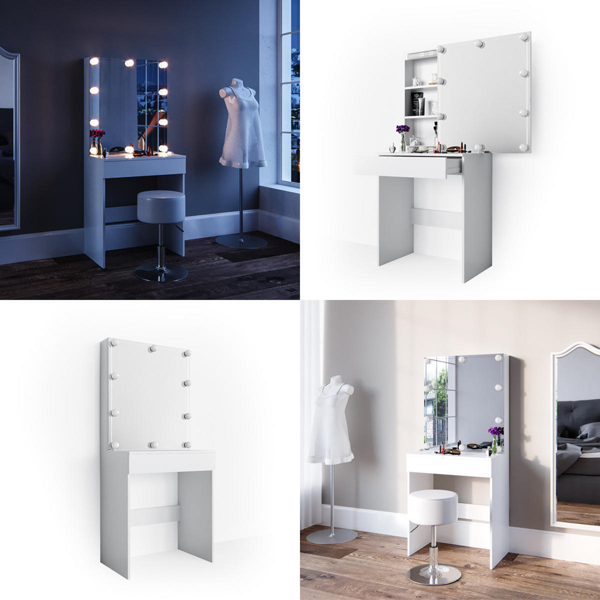SCHMINKTISCH Melle Weiß 68 cm mit LED Beleuchtung - Weiß, Holzwerkstoff (68/155/42cm) - Vicco