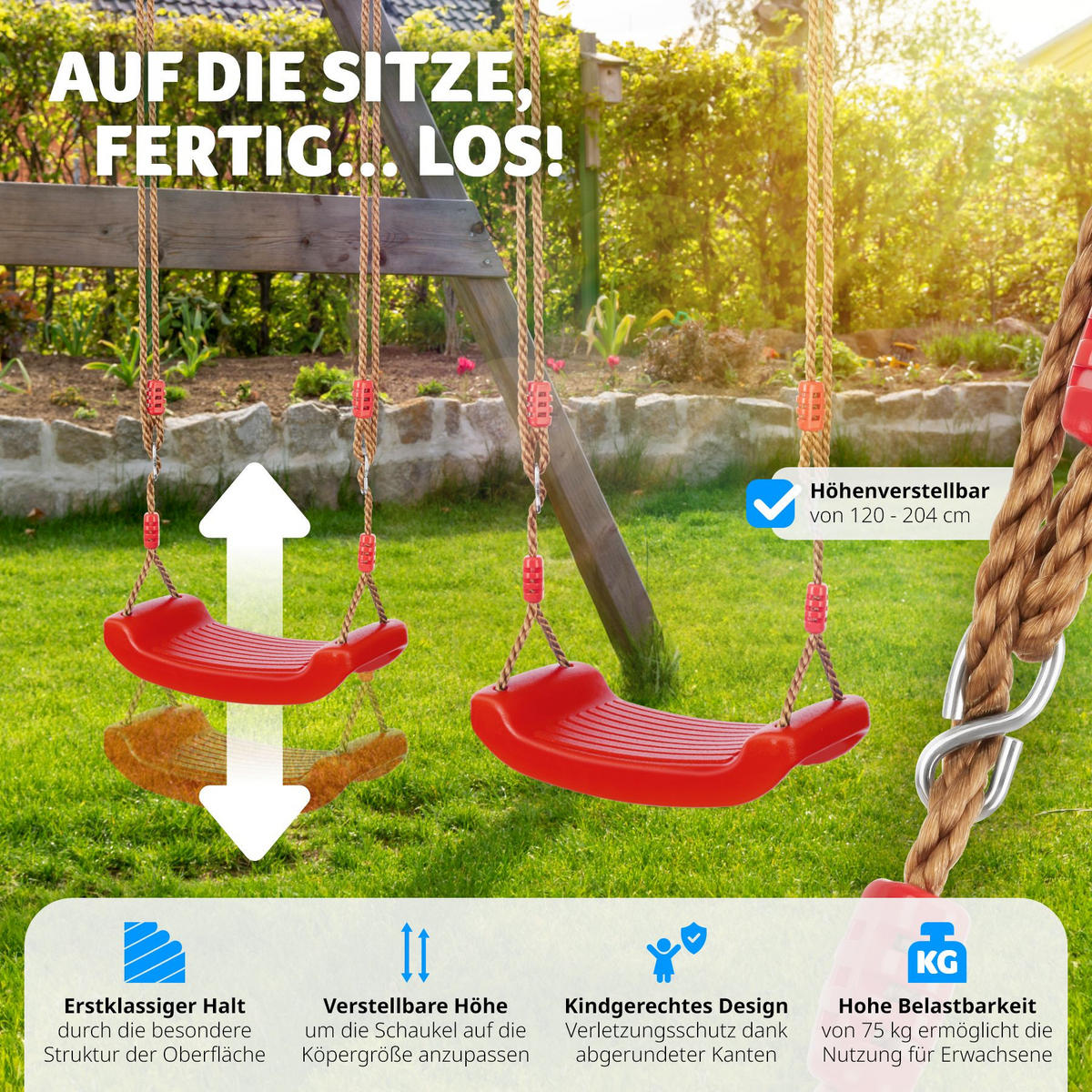 SCHAUKELSITZ Swifty,Belastbarkeit 75 kg, inklusive Karabinerhaken,rot - Rot, Kunststoff (42/120cm) - tectake