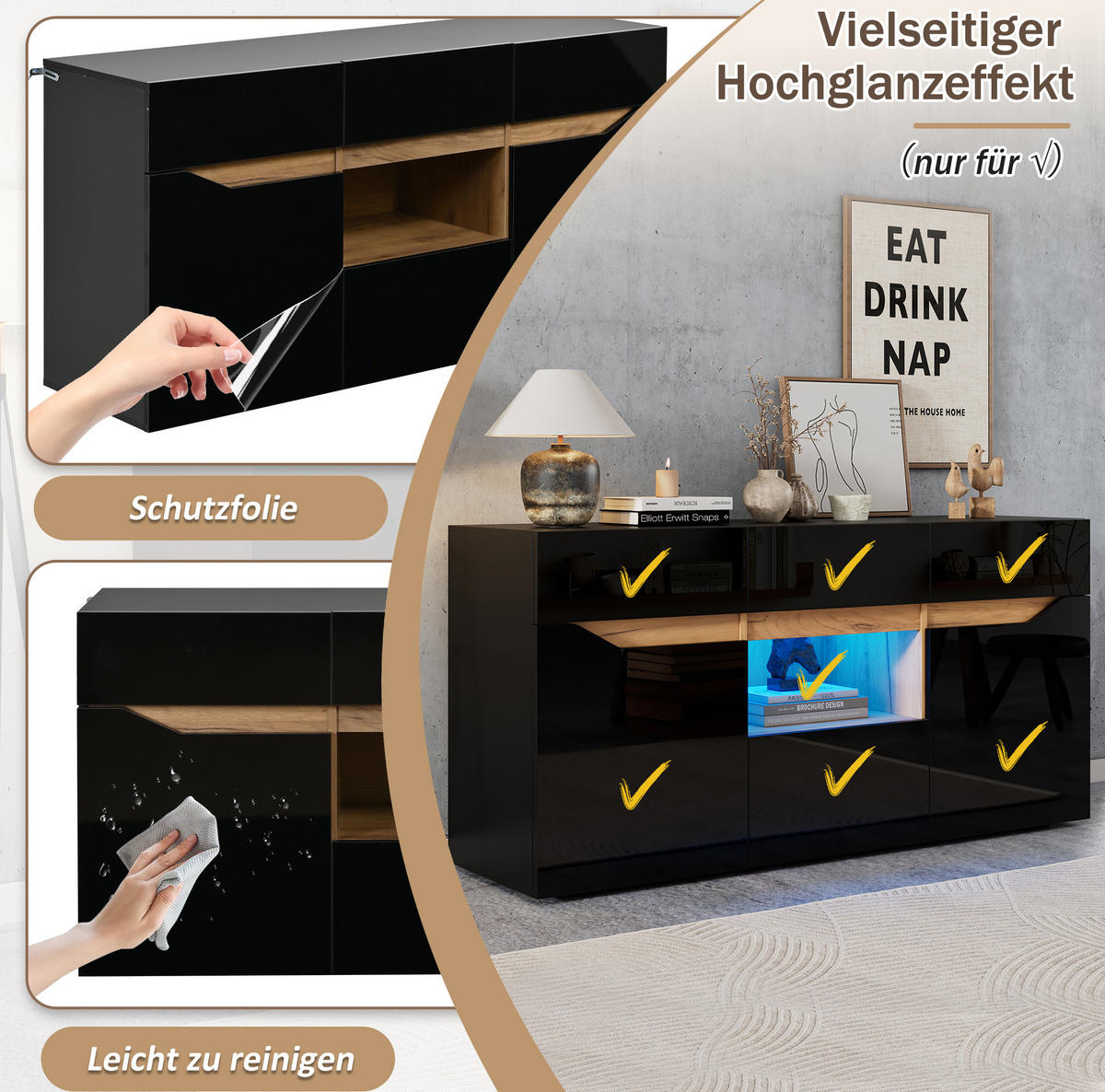 SIDEBOARD 140/40/70 cm in Schwarz/Natur mit 4 Schubladen und LED-Beleuchtung - Schwarz, Holzwerkstoff (140/70/40cm) - Flora Grace