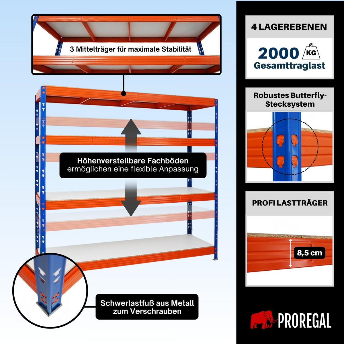 SCHWERLASTREGAL Rhino 180x200x60 cm 4 Melamin-Ebenen 16mm Fachlast 500 kg Blau/Orange - Blau/Orange, Metall (200/180/60cm) - PROREGAL