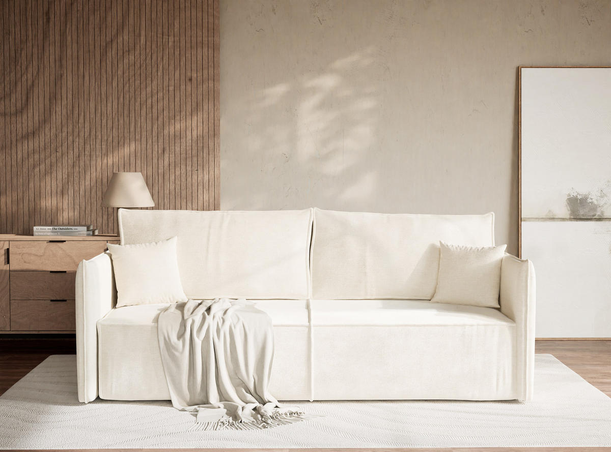 SOFA MIT SCHLAFFUNKTION Obra Creme Chenille-Stoff - Creme/Schwarz, Holz/Holzwerkstoff (220/70/107cm) - Maison de Reve