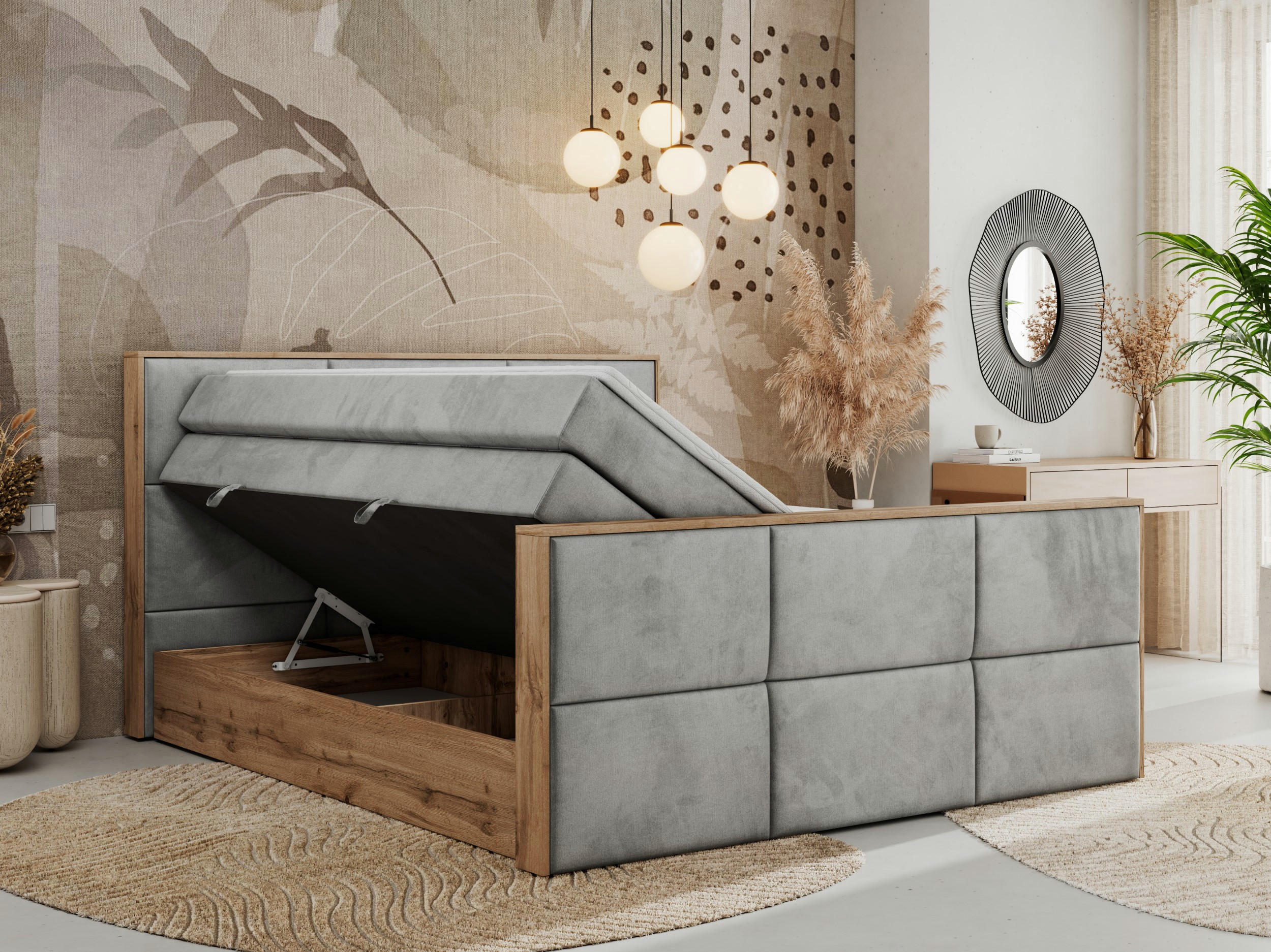 Thumbnail - MKS Boxspringbett, Hellgrau, Textil, 2-Sitzer, H3, Rechteckig, 160x200 cm, Oeko-Tex®, Schlafzimmer, Betten, Boxspringbet...