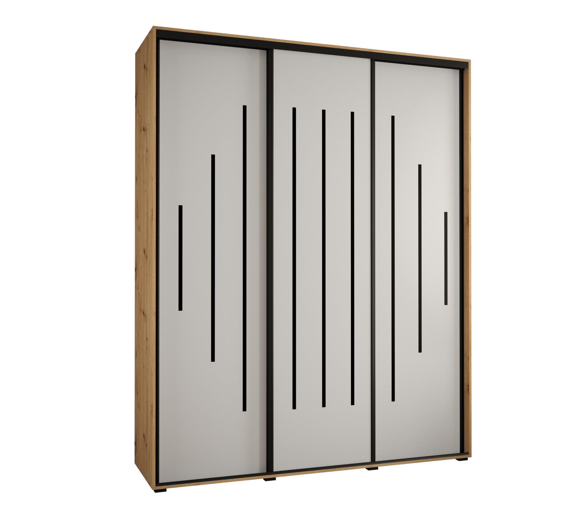 Abiks Möbel Schwebetürenschrank Eiche Artisan, Weiß, Schwarz 190x235x45 cm