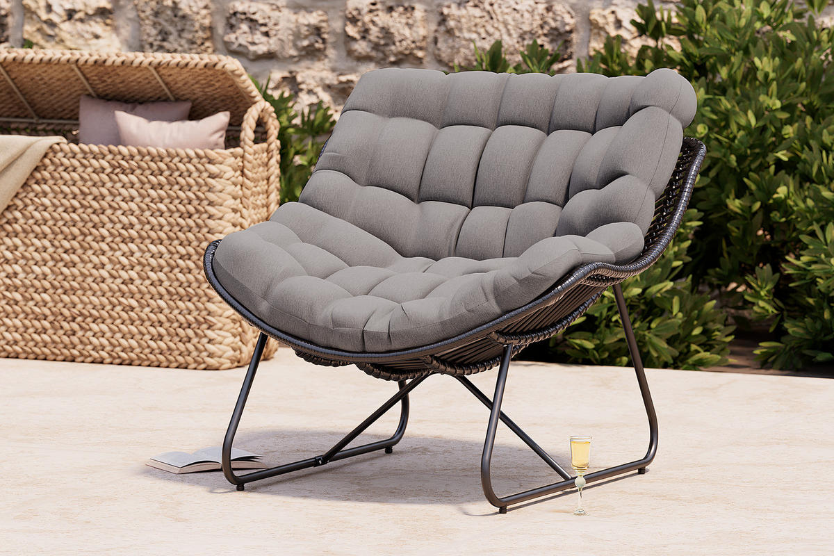 GARTENSESSEL MIT SITZKISSEN - Polyrattan / Polyester - Schwarz/Grau, Kunststoff/Textil (97/84/111cm) - home24