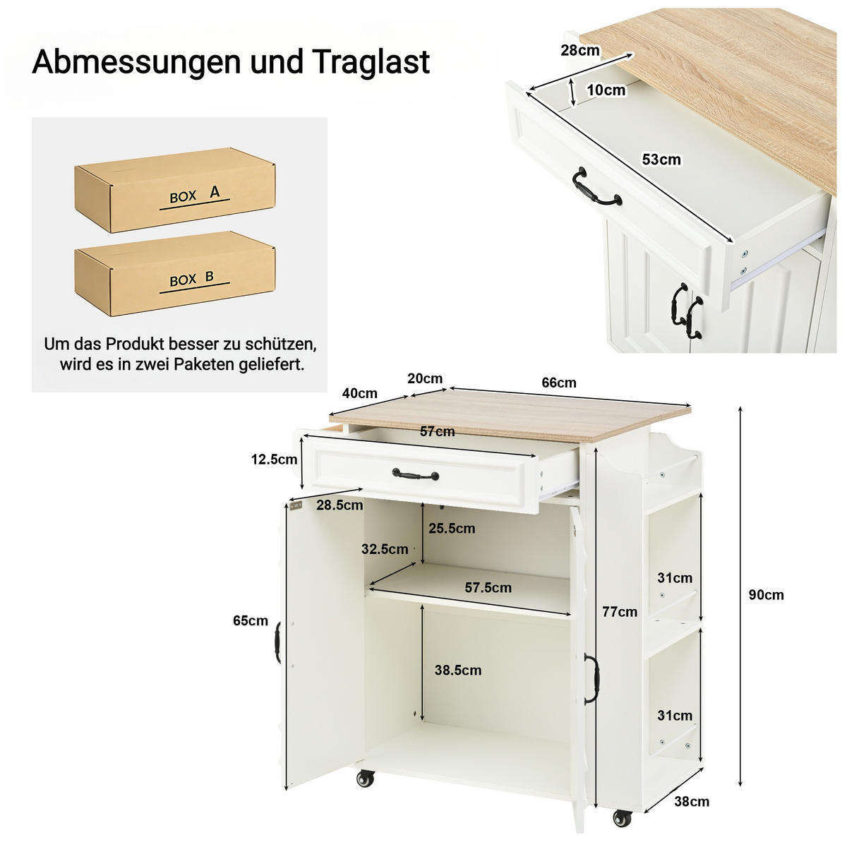KÜCHENROLLWAGEN 66x40x90cm MDF mit Klappplatte, Schublade, Schrank & 4 Rollen - Weiß, Holzwerkstoff (66/90/38cm) - Modfu