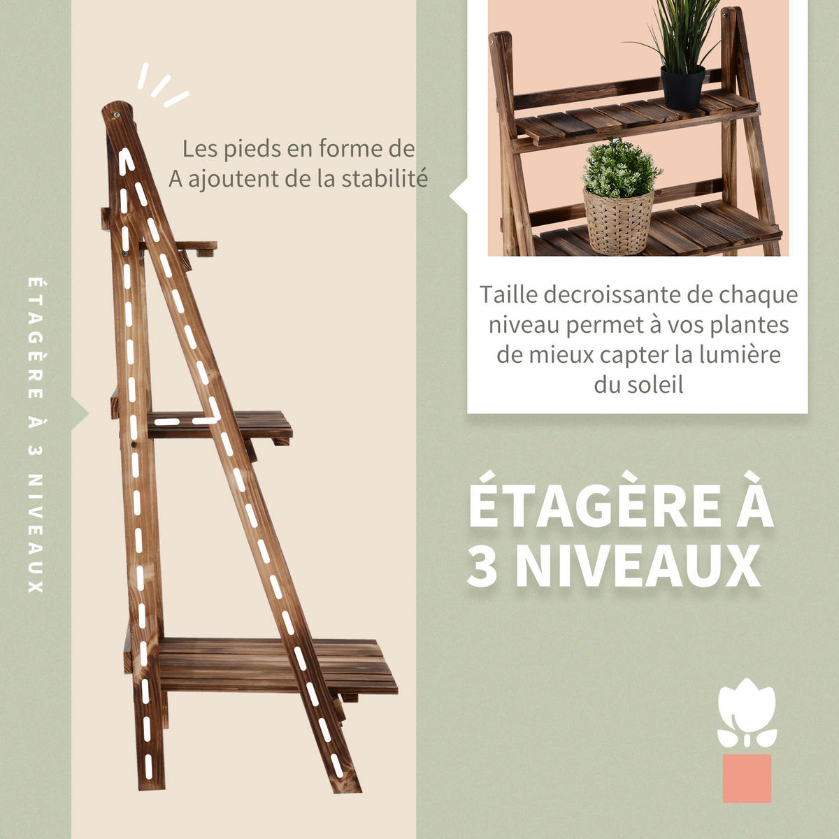 BLUMENTREPPE DE-12127 3-stufig, klappbar, pyramidenförmig Braun - Braun, Holz (37/93/60cm) - ComfortXL
