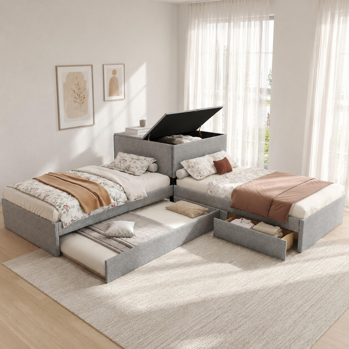 POLSTERBETT 90/200 mit Stauraum, Ausziehbett, Schrank und Schubladen in Grau aus Leinen - Grau, Holzwerkstoff/Textil (90/200cm) - EVRYAE