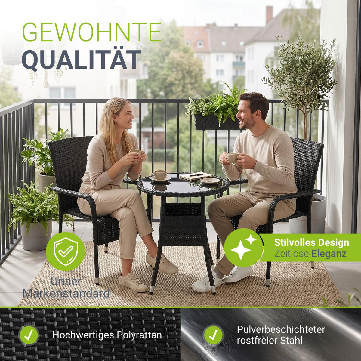 GARTENTISCH Yoro schwarz 80 cm - Schwarz, Kunststoff (80/80/73cm) - Juskys