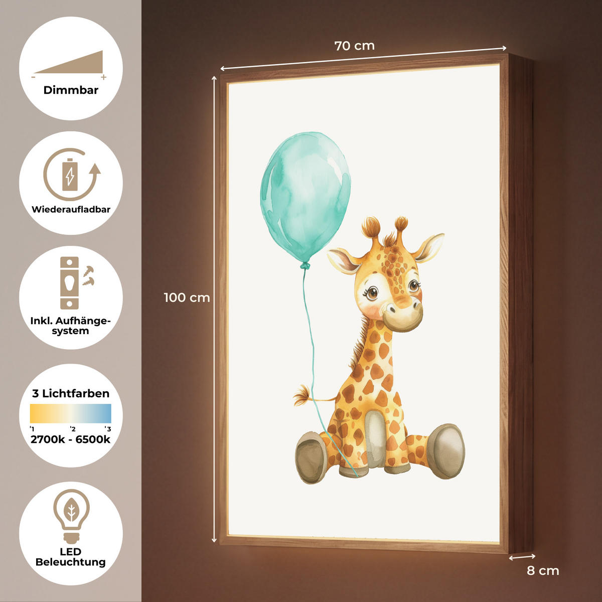 WANDLEUCHTE MIT AKKU Giraffe - Baby - Tiere - Blauer Ballon 70x100 cm - Weiß, Holzwerkstoff (70/100/8cm) - OnlyWow