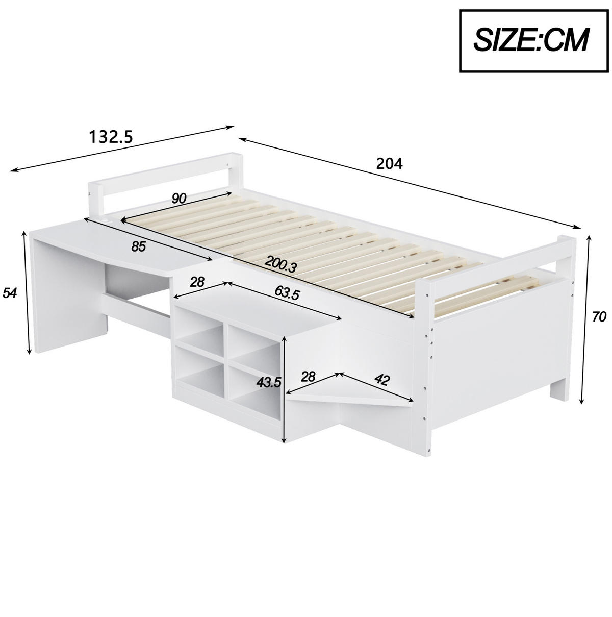 KINDERBETT 90/200 cm mit Schreibtisch, Stauraum, USB und Steckdose, Weiß - Weiß, Holzwerkstoff (90/200cm) - Redom