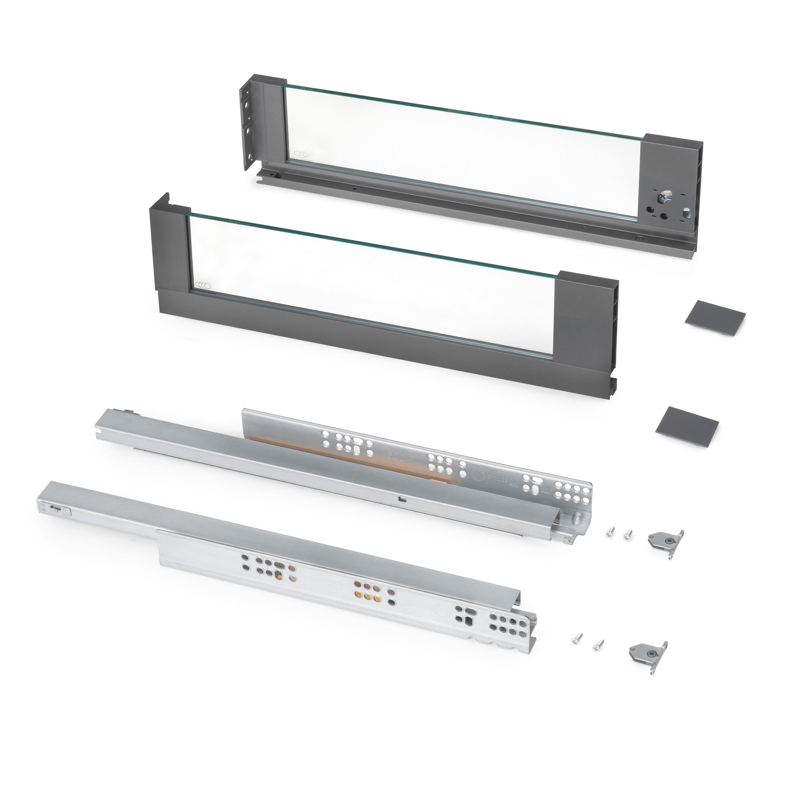 AUSSENSCHUBLADE Vertex 40Kg mit Glas-Einschubelement Höhe 131mm, Tiefe 500mm, Stahl und Aluminium und Glas, Anthrazitgrau - Anthrazit, Metall (1.3/14/50cm) - EMUCA