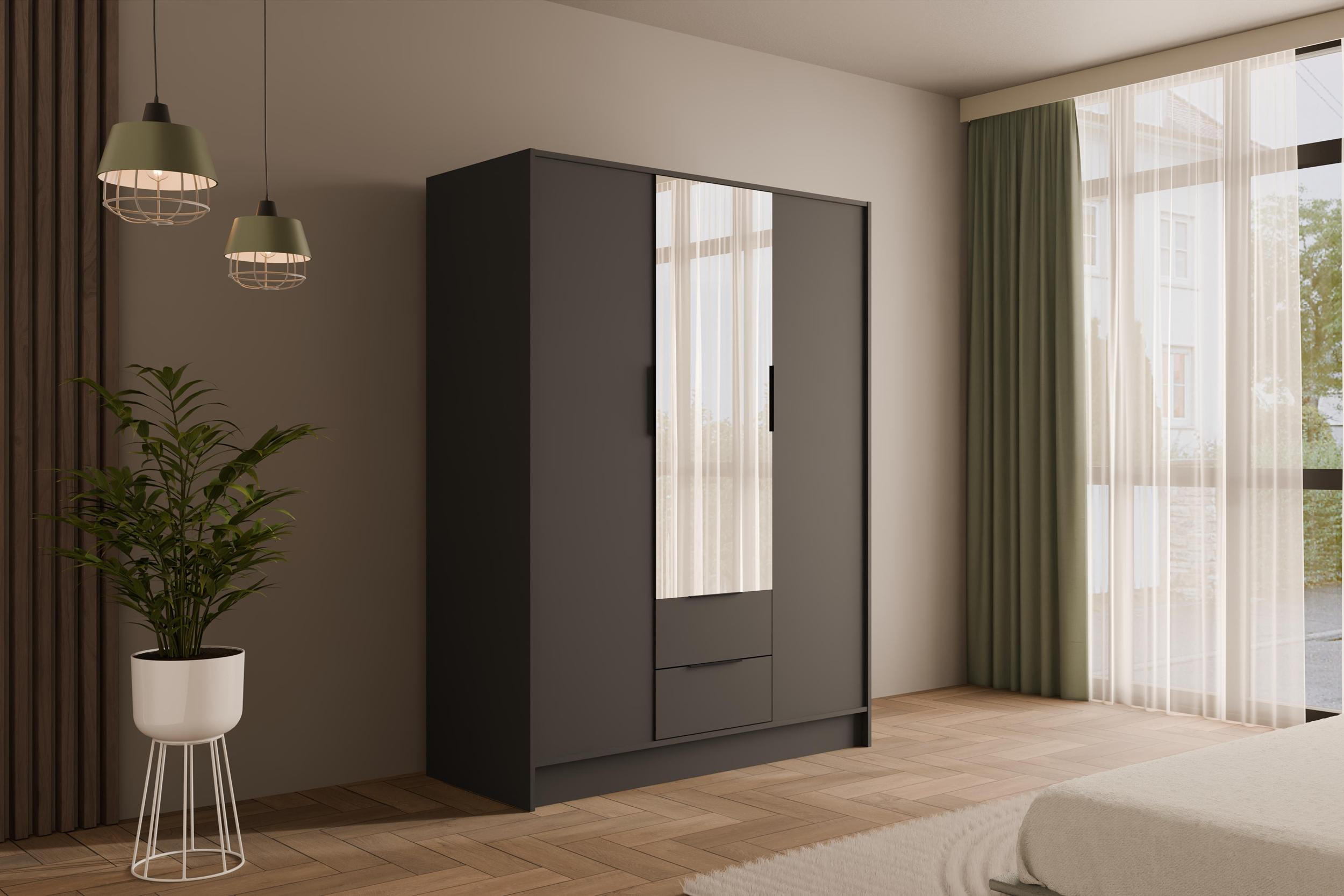 KLEIDERSCHRANK mit Spiegel und Flügeltüren KOLIN 150x200cm Graphit - Graphitfarben, Holzwerkstoff (150/200/51cm) - ALTDECOR