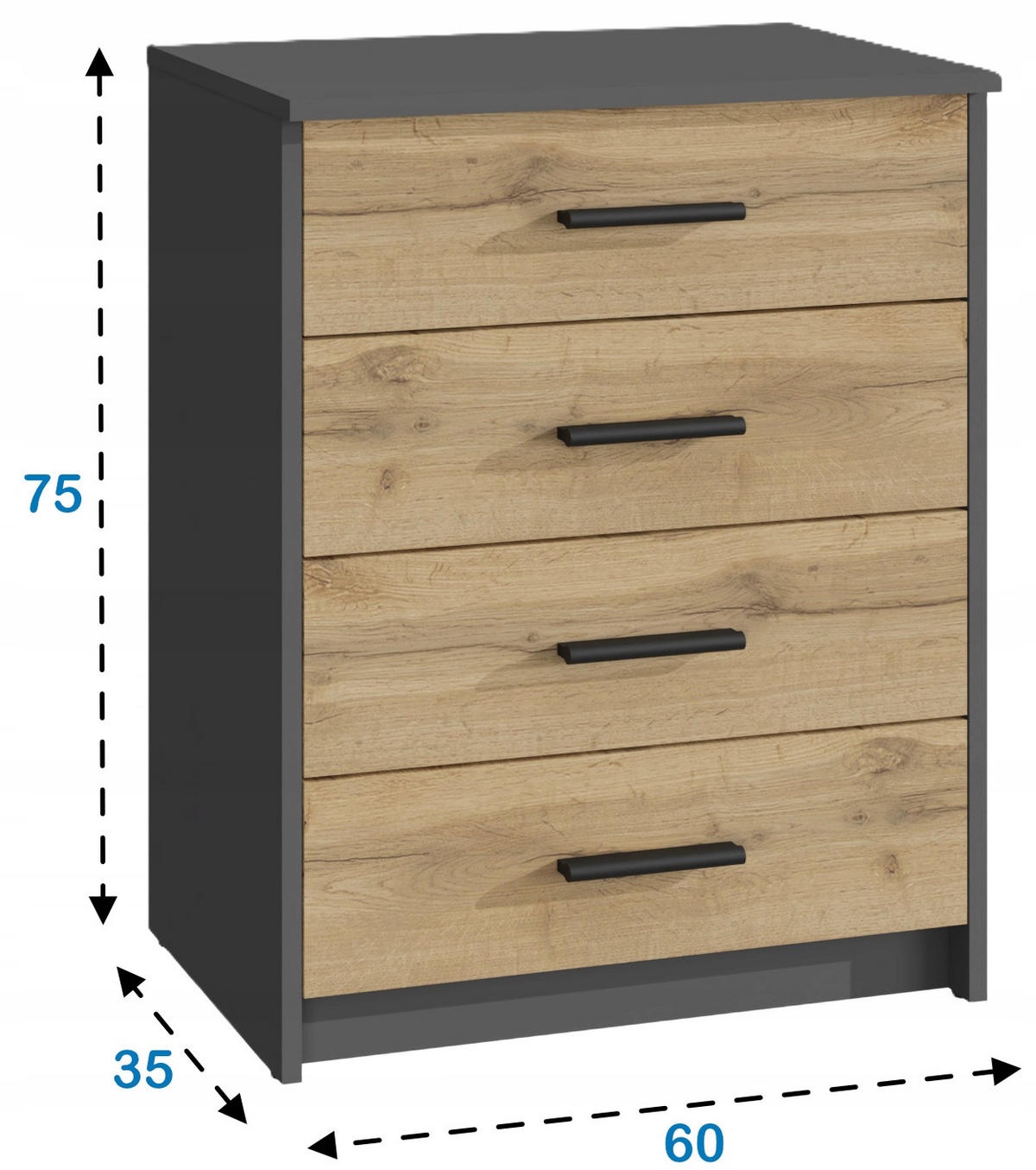 KOMMODE BODO 4S – ANTHRAZIT/WOTAN - Anthrazit/Eiche Wotan, Holz (60/75/35cm) - Matkam Möbel
