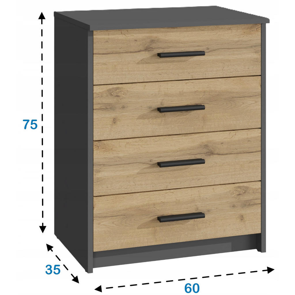 Thumbnail - Matkam Möbel Kommode, Anthrazit, Eiche Wotan, Holz, 60x75x35 cm, Wohnzimmer, Kommoden & Sideboards, Kommoden