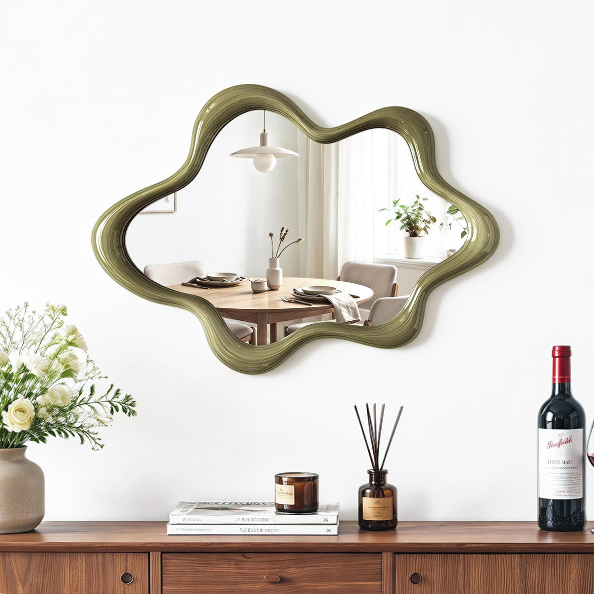SPIEGEL Grün in Blumenform 70.5×50 cm - Grün, Glas/Holz (50/3.5/70.5cm)