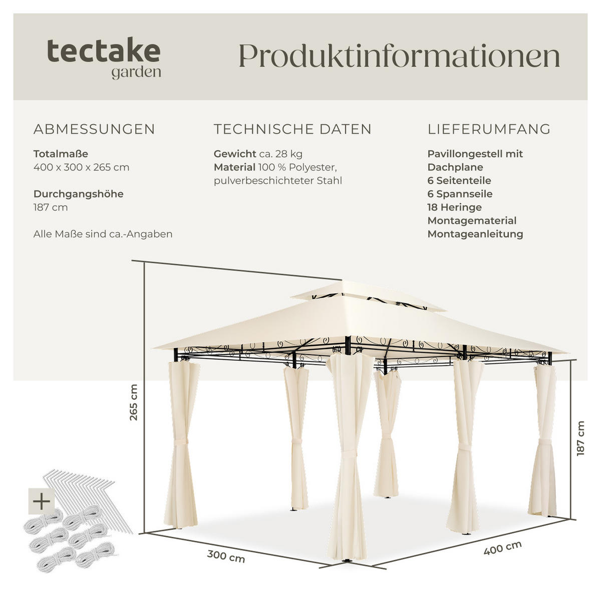 GARTENPAVILLON Emine,inklusive Spannseilen und Heringen,creme - Creme, Kunststoff (300/265/400cm) - tectake
