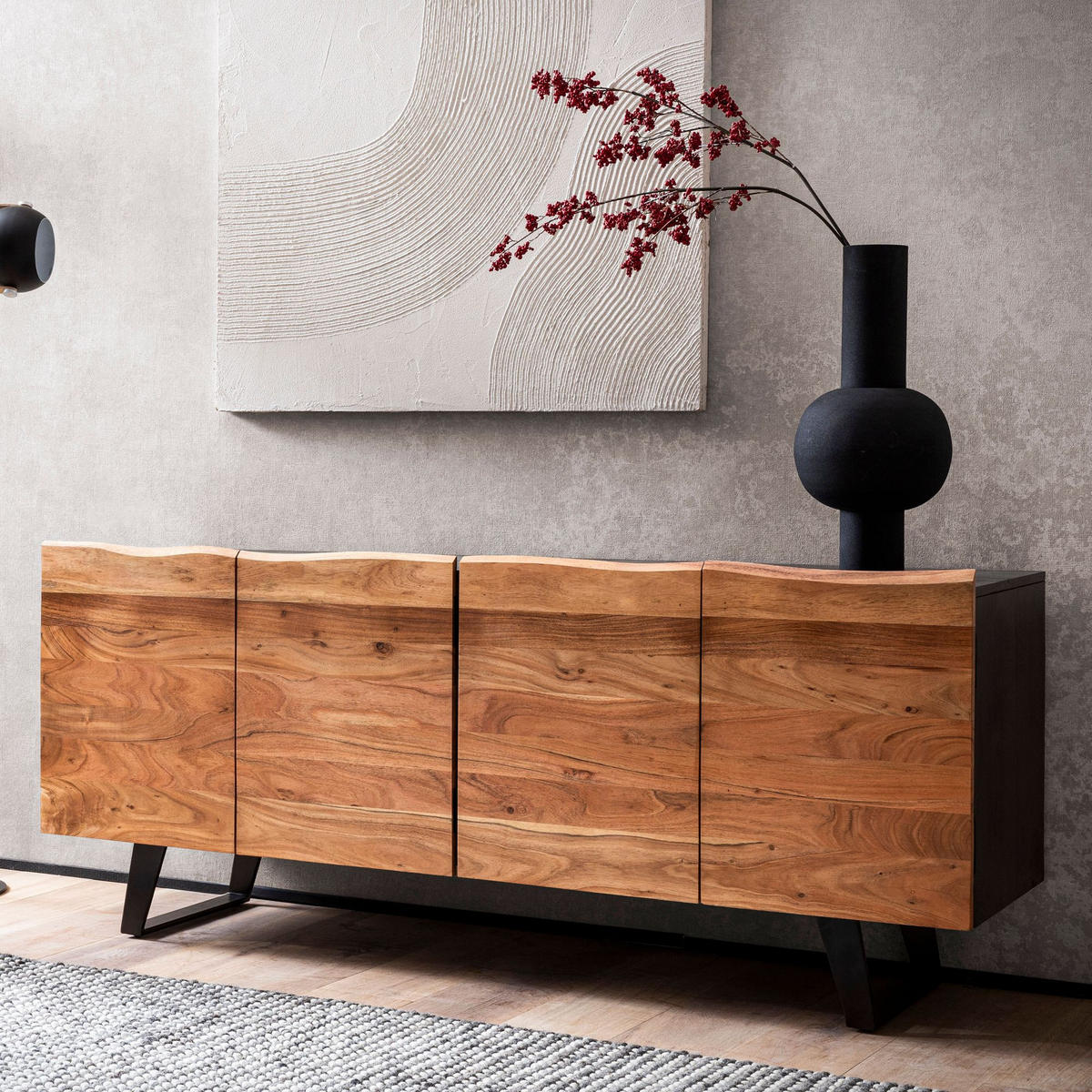 SIDEBOARD – Akazie Massivholz, 180x75x45 cm, mit Baumkante, Türen, Metallbeine - Schwarz, Holz/Metall (180/75/45cm) - KADIMA DESIGN