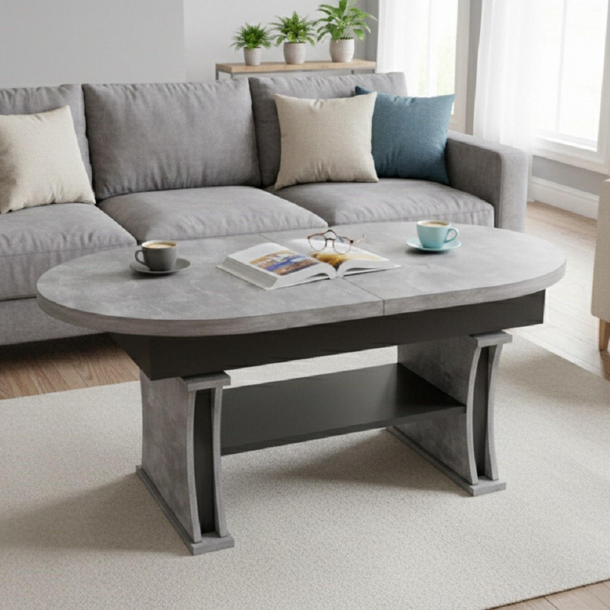 COUCHTISCH oval ausziehbar höhenverstellbar Ablage 130/80/60 cm - Hellgrau/Schwarz, Holzwerkstoff (80/130/60cm) - designimpex