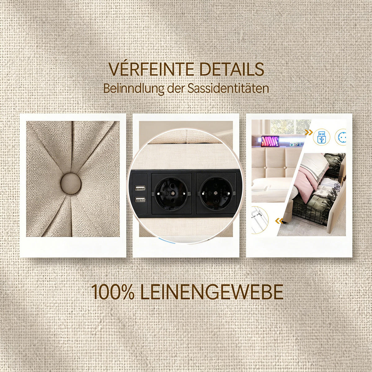 DOPPELBETT 140x200 mit stauraum, bettgestell mit LED, USB, 4 Schublade, Kopfteil, Lattenrost, Leinenstoff, beige - Beige, Textil/Metall (140/200cm) - GENKI LIVING