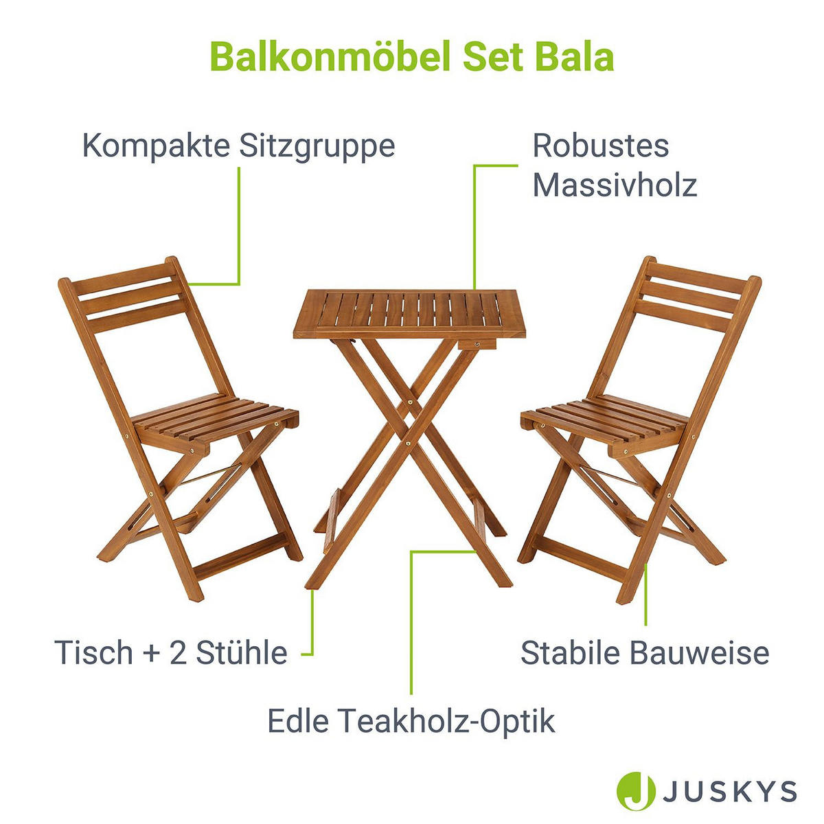 BALKONMÖBEL-SET Bala Akazienholz 3-tlg. - Braun, Holz - Juskys