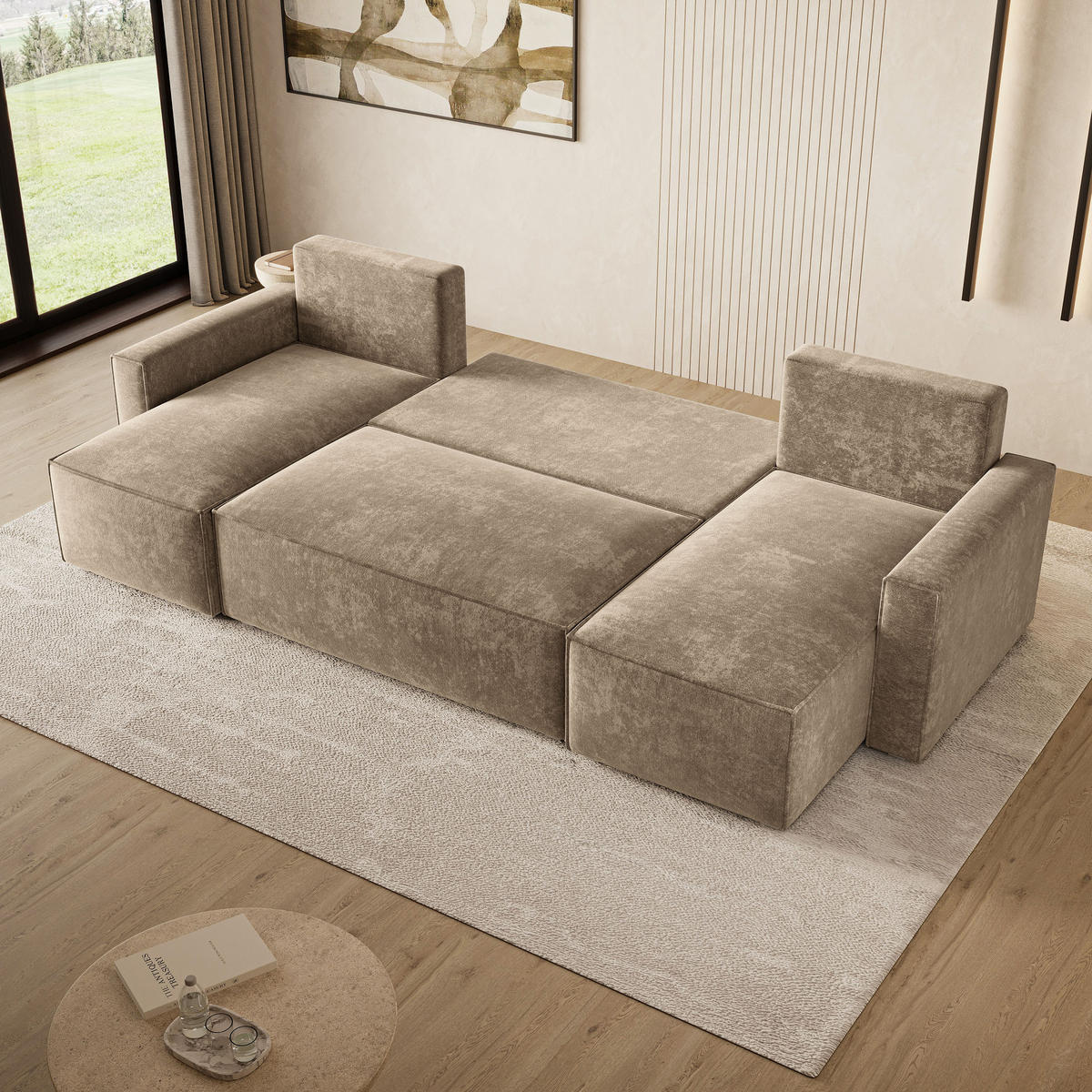 WOHNLANDSCHAFT ASPRA LM Beige Chenille mit Schlaffunktion - Beige, Holz (295/85/140cm) - MASSENO