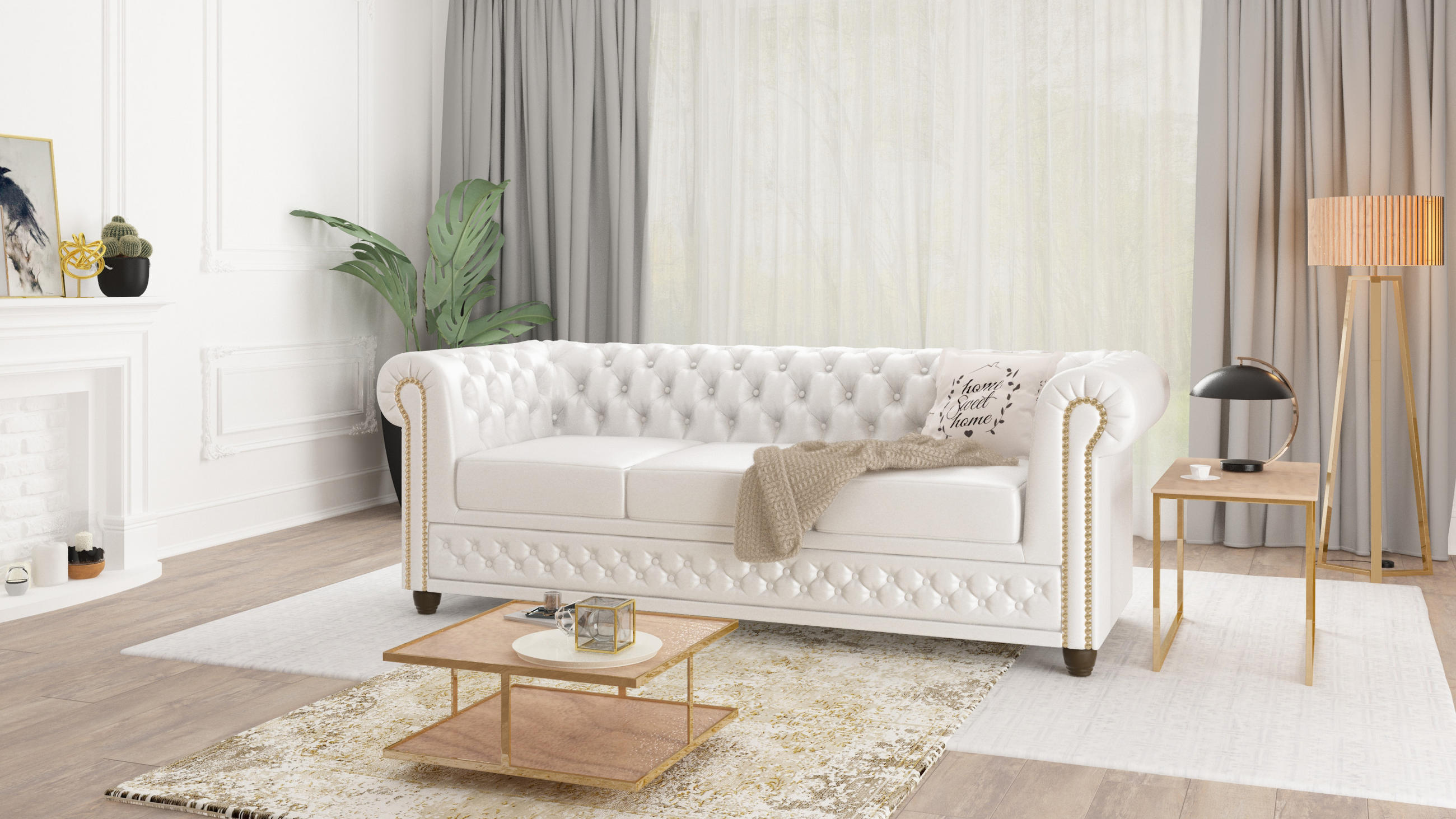 CHESTERFIELD-SOFA 3-sitzer mit Schlaffunktion Morin Weiß vegan Leder - Weiß/Braun, Holz/Textil (203/72/86cm) - S-Style Möbel