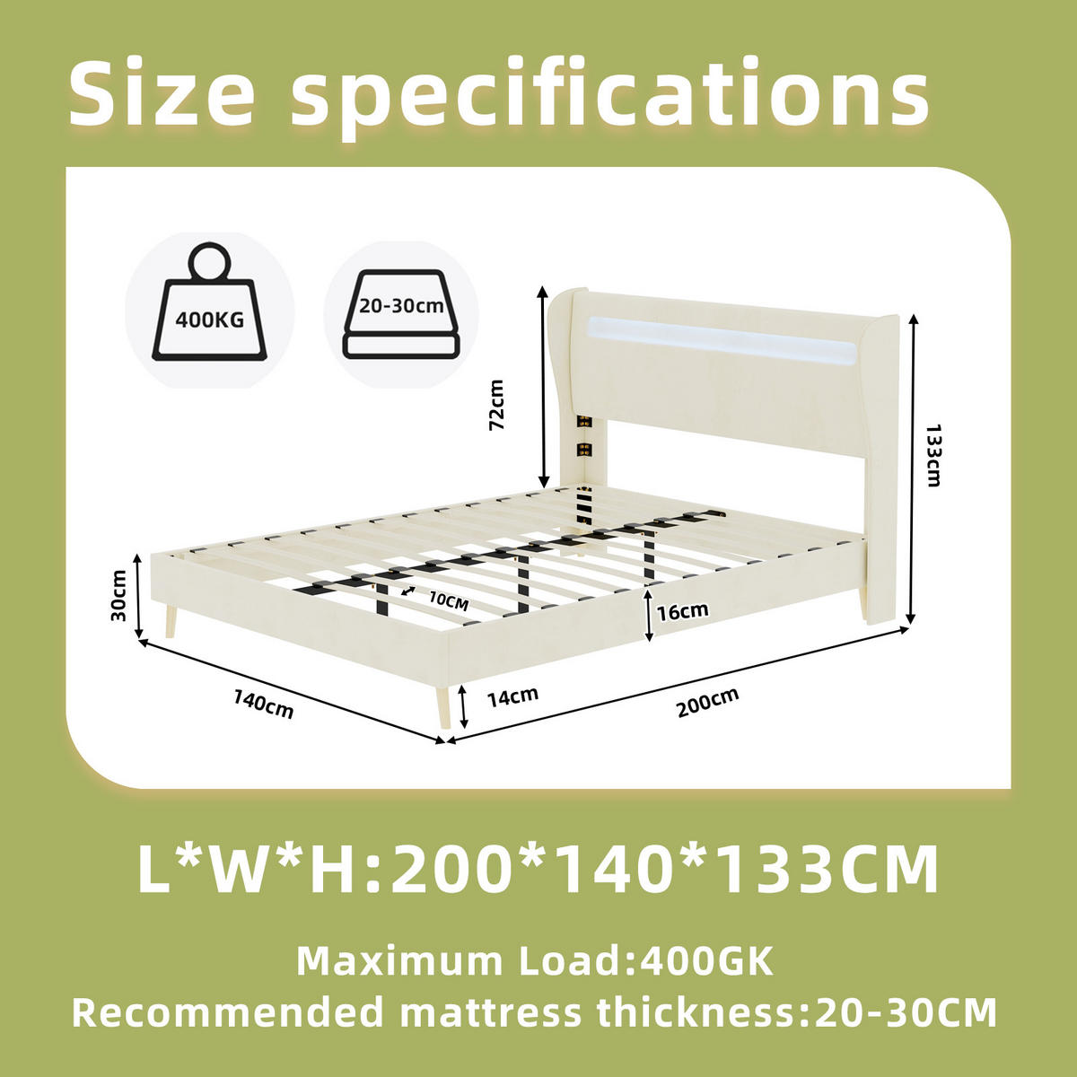 POLSTERBETT 140/200 cm DE-35471 mit LED-Kopfteil Beige - Beige, Metall (140/200cm) - ComfortXL