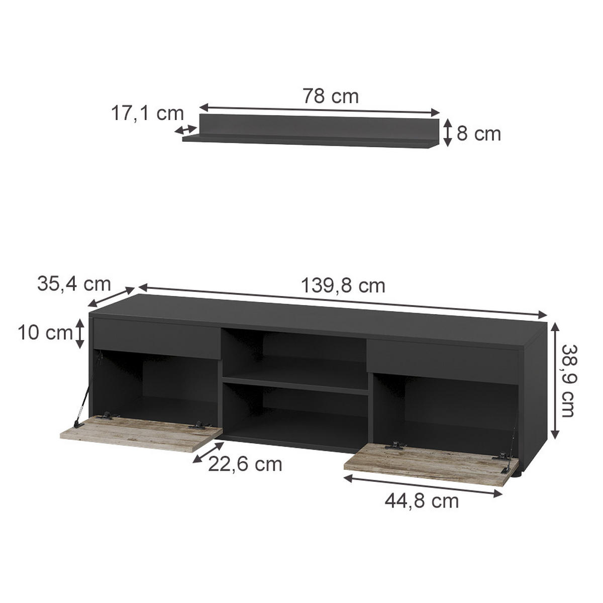 ŽIVÁ STĚNA Berno Černý/pískový dub - černá/Sonoma dub, kompozitní dřevo (139.8/38.9/35.4cm) - Vicco