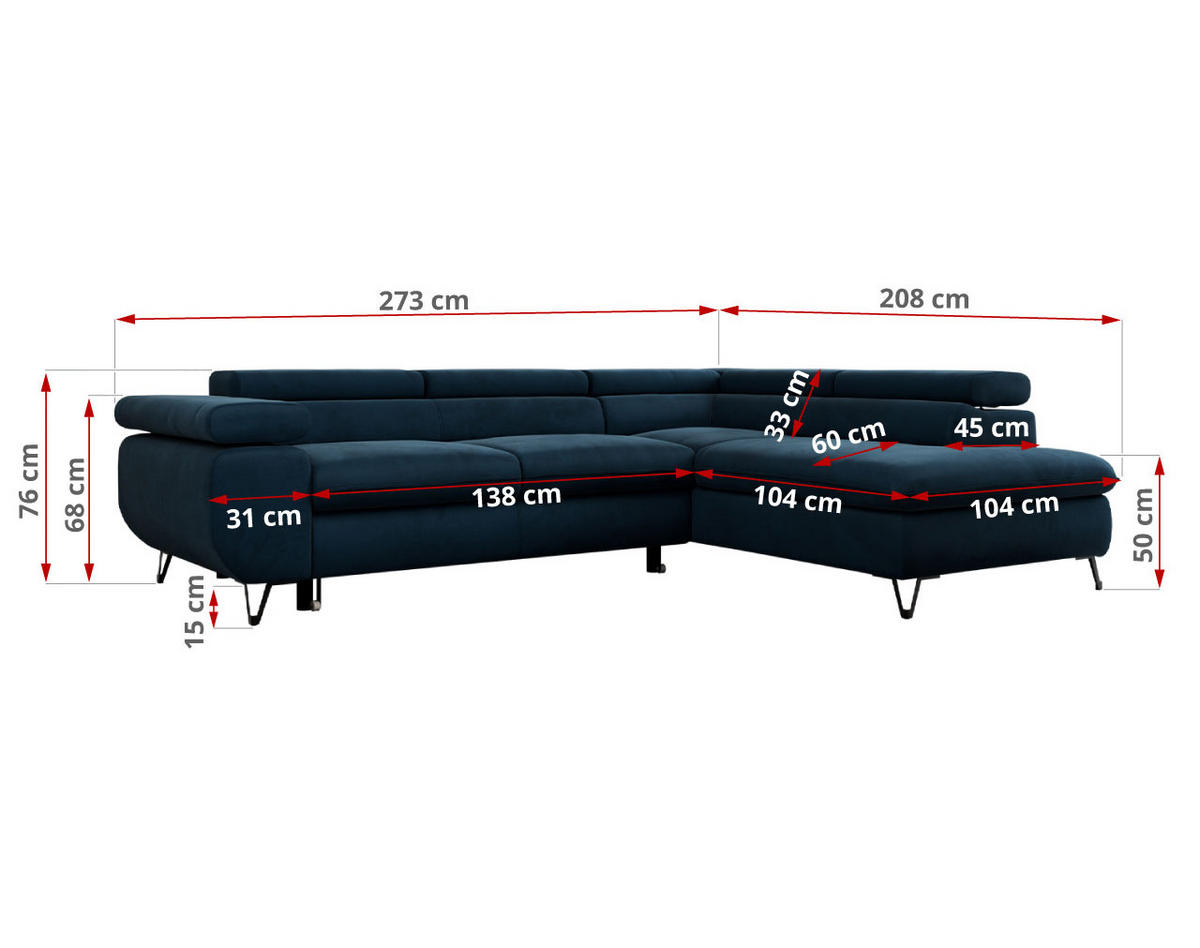 ECKSOFA PEDRO L Dunkelblau Velvet - Rechts Seite - Schwarz/Dunkelblau, Textil/Metall (273/208cm) - MKS