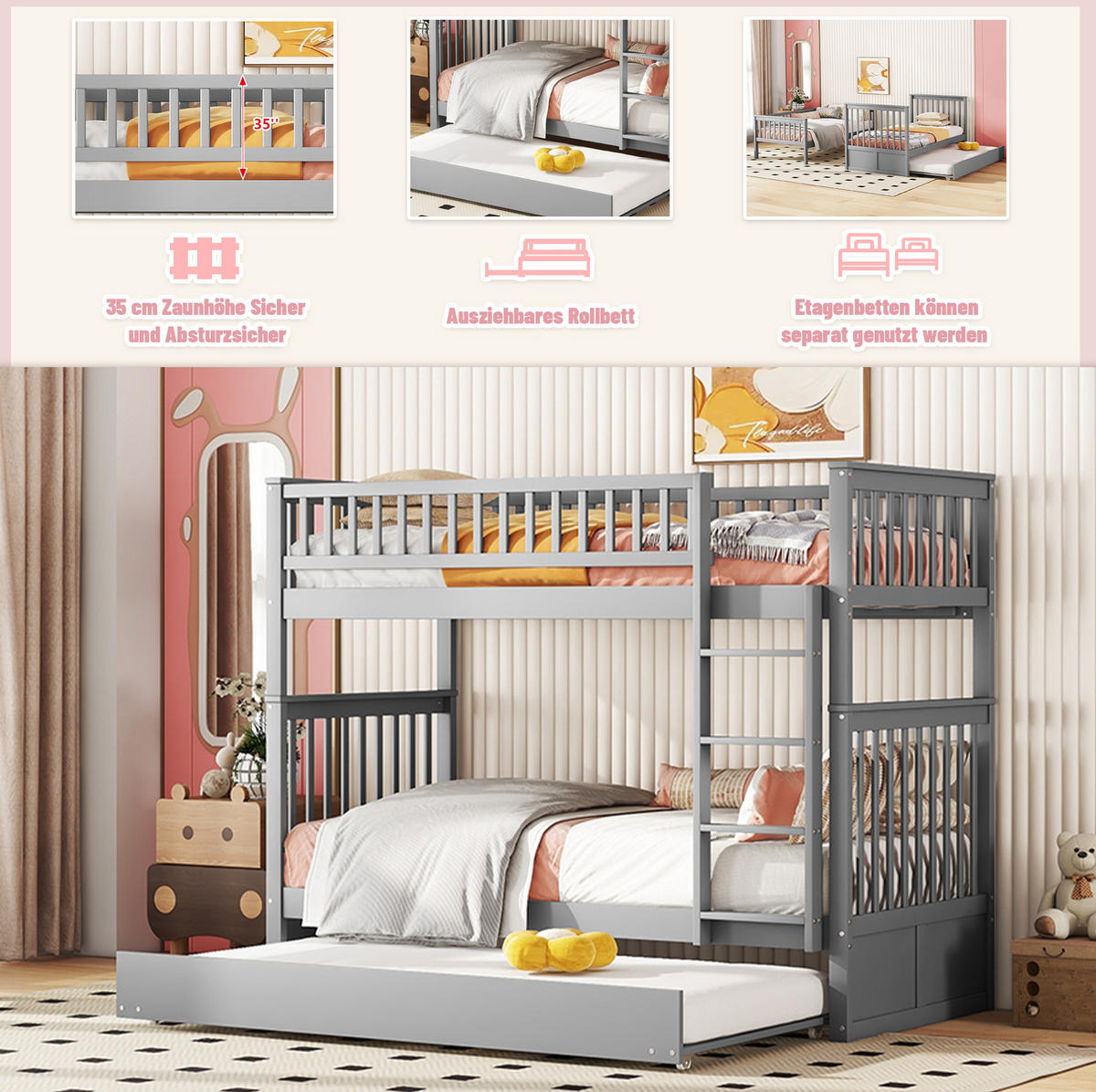 ETAGENBETT 90/200 cm mit Ausziehbett, abnehmbaren Liegeflächen und Treppe, Grau - Grau, Holzwerkstoff (90/200cm) - Redom