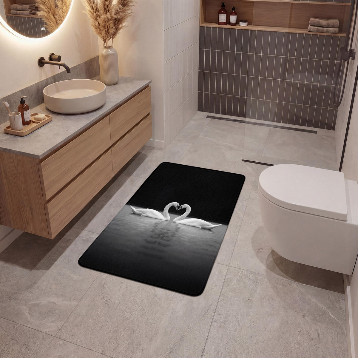 KOUPELNOVÁ PŘEDLOŽKA Labutě - srdce - černá - bílá 60x90 cm - černá, textil/plast (60/90cm)