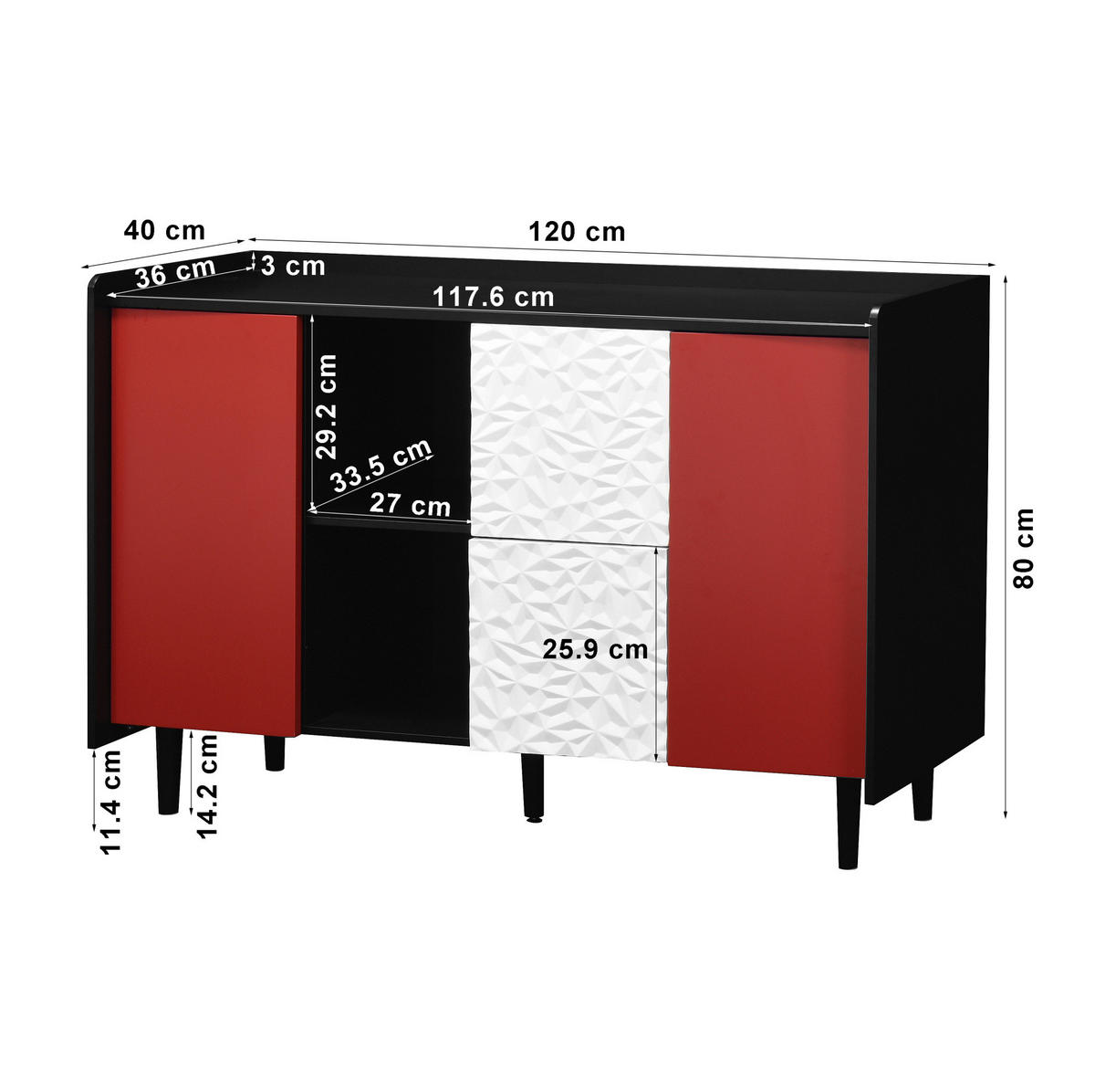 SIDEBOARD 40/120/80 cm schwarz/rot aus MDF mit 2 Schubladen - Schwarz, Holzwerkstoff (120/80/40cm) - OKWISH