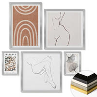WANDBILDER 5er Set - 50x50 cm & 20x30 cm & 40x60 cm Silberner Rahmen - Abstrakte Boho-Blattformen - Silberfarben, Kunststoff (40/60cm) - ArtPrintCave