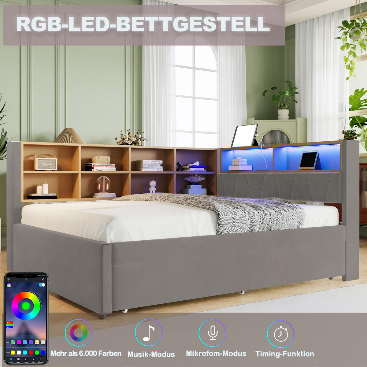 POLSTERBETT 140/90x200 cm LED USB dunkelgrau - Dunkelgrau, Textil (140/200cm) - Fortuna Lai