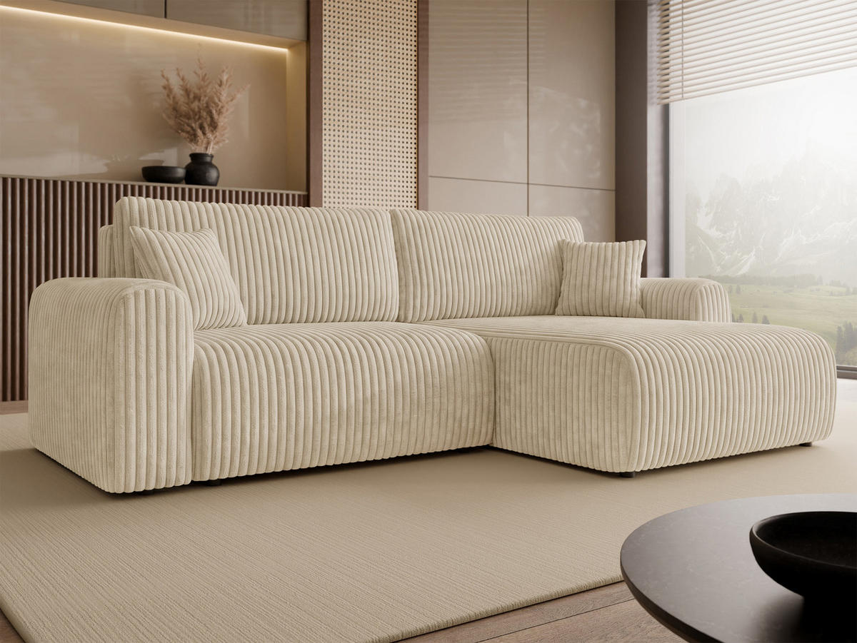 ECKSCHLAFSOFA Floryn L Cord Bis - Beige/Schwarz, Holz/Kunststoff (245/145cm) - MIRJAN24