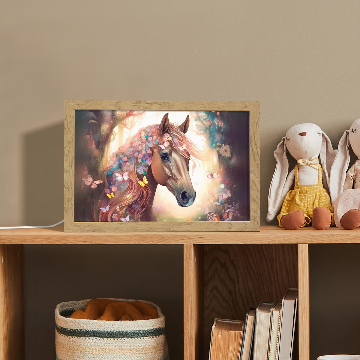 NACHTTISCHLAMPE Pferd - Natur - Blumen - Schmetterlinge - Wald 30x20 cm - Dunkelbraun, Holzwerkstoff (8/30/20cm)