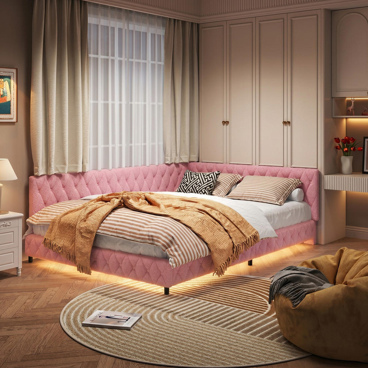 POLSTERBETT 140/200 cm rosa mit LED und USB - Rosa, Holz