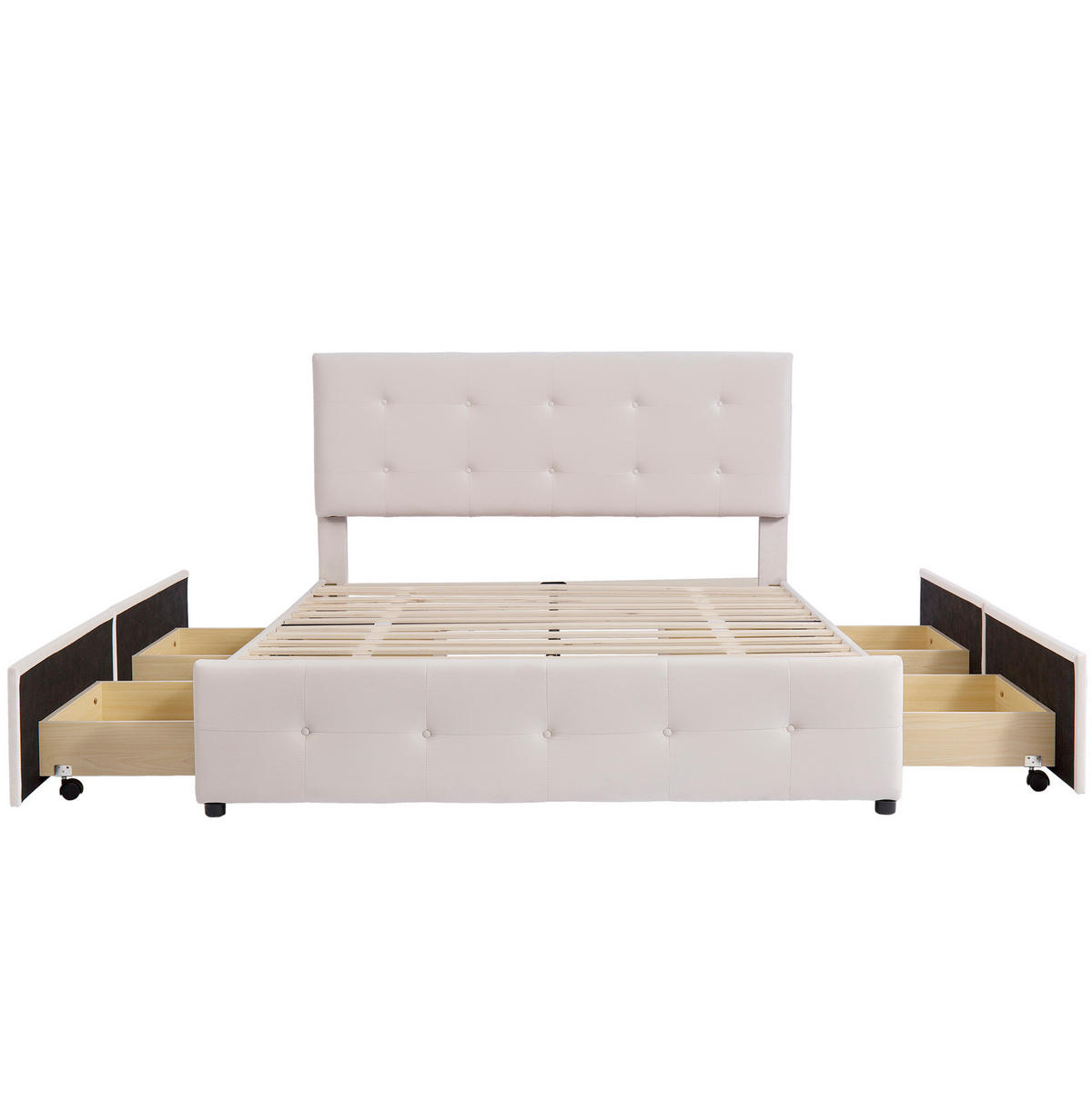POLSTERBETT aus Samtstoff 140x200 cm Beige mit 4 Schubladen, Lattenrost und gepolstertem Kopfteil - Beige, Textil (140/200cm) - Modfu