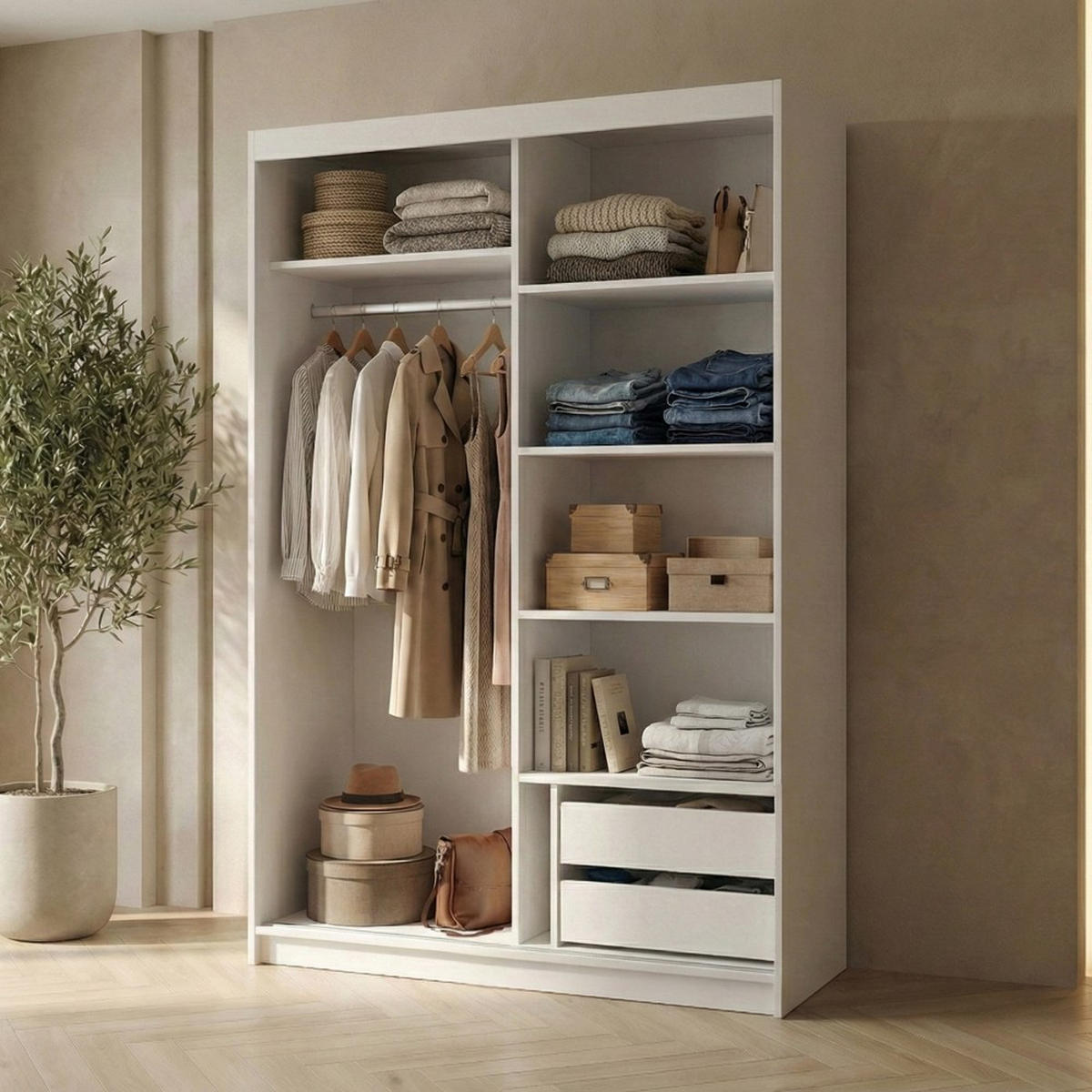 SCHWEBETÜRENSCHRANK Hela 100/205/60 2-türig weiß mit Schubladen - Weiß, Holzwerkstoff (100/205/60cm) - Beautysofa