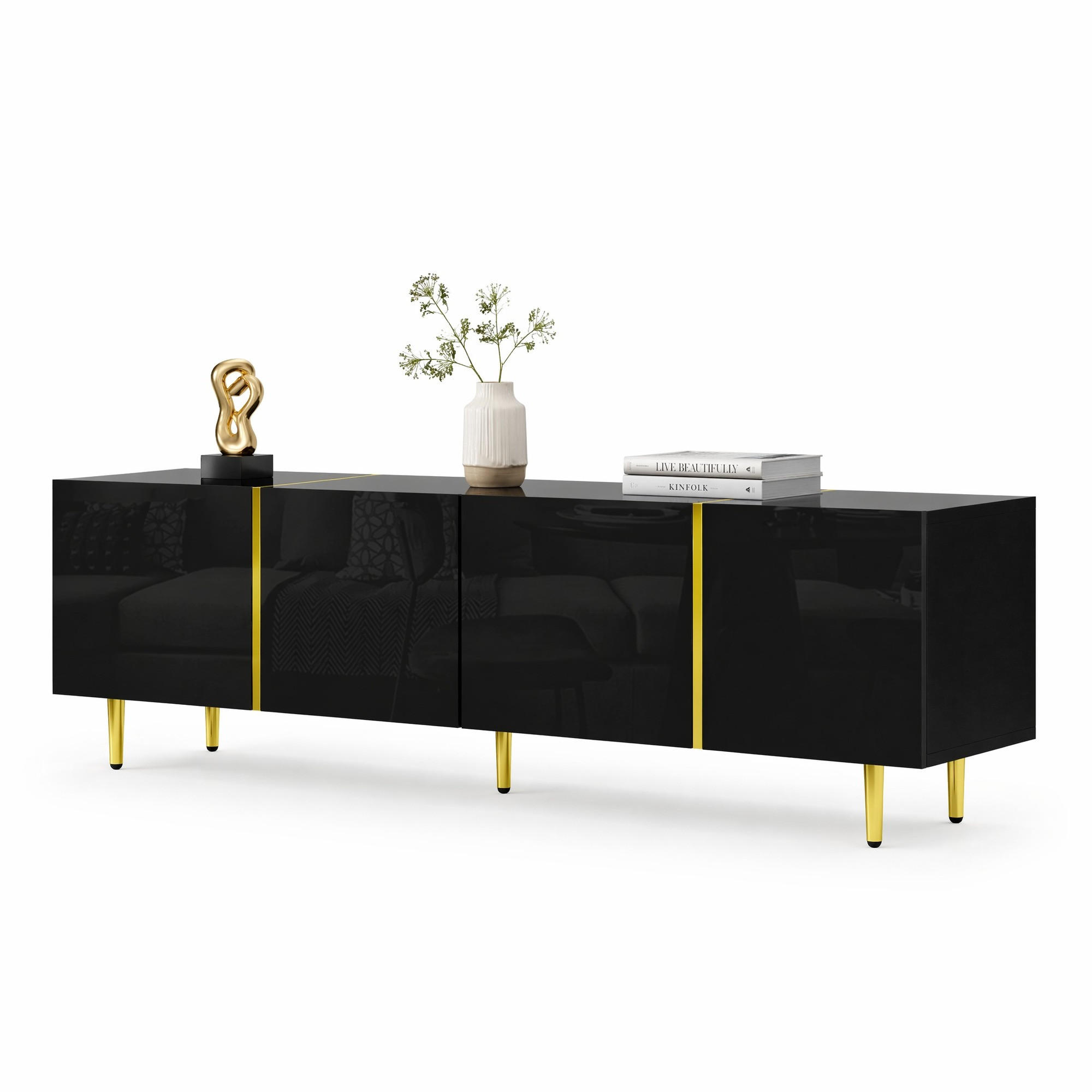 LOWBOARD in Schwarz und Gold Hochglanz-TV-Schrank mit 4 Türen für Wohnzimmer, B170/T35/H46 cm - Goldfarben/Schwarz, Holzwerkstoff/Metall (170/46/35cm) - STILVORA