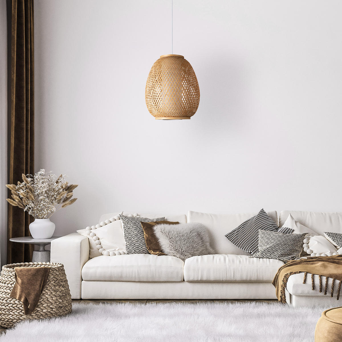 PENDELLEUCHTE Topu S - Beige/Weiß, Holz (32/32/40cm) - Paco Home