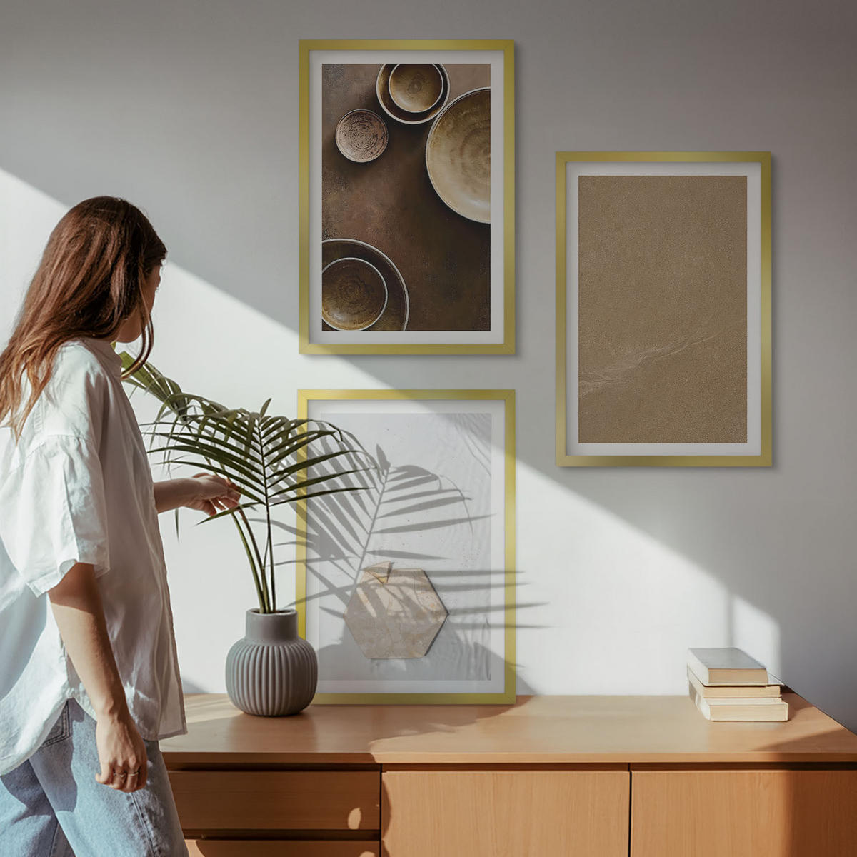 WANDBILDER 3er Set - 40x60 cm Goldrahmen - Minimalistische Texturen und Farben - Goldfarben, Kunststoff (40/60cm) - ArtPrintCave