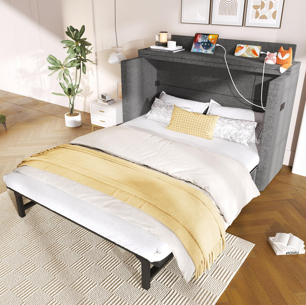 BETT 140/200 cm in Grau – Schrankbett mit Schublade und USB/Typ-C - Grau, Textil (140/200cm) - BEAOK