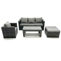 GARTENMÖBEL-SET COUCHTISCH SESSEL SOFA mit HOCKER Polyrattan Dunkelgrau Gemischt 5-Sitzer - Dunkelgrau/Grau, Glas/Kunststoff - Fimous
