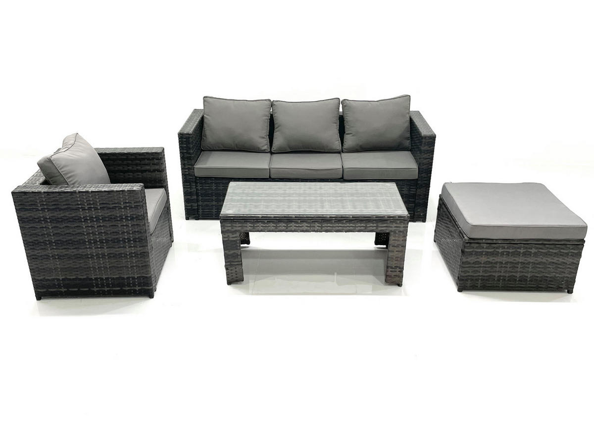 GARTENMÖBEL-SET COUCHTISCH SESSEL SOFA mit HOCKER Polyrattan Dunkelgrau Gemischt 5-Sitzer - Dunkelgrau/Grau, Glas/Kunststoff - Fimous