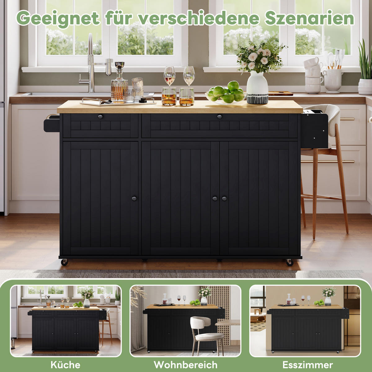 KÜCHENINSEL 137/70/89,5 cm in Natur/Schwarz mit klappbarer Arbeitsplatte - Naturfarben, Holzwerkstoff (137/89.5/70cm) - Flora Grace