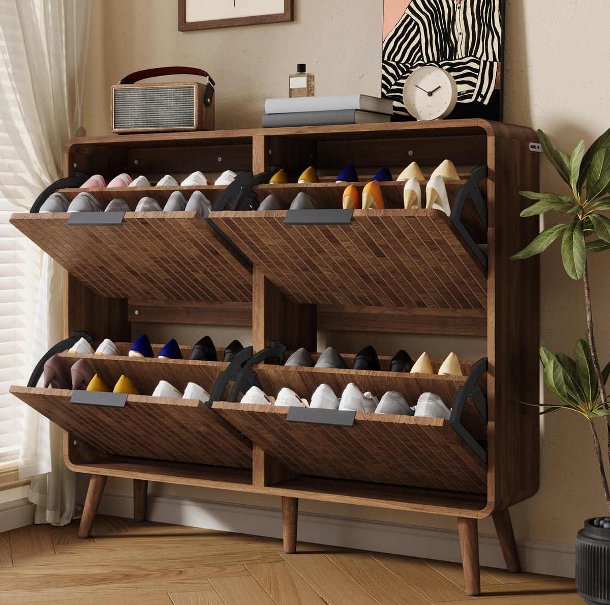 SCHUHSCHRANK aus MDF 105x24x90cm in Nussbaum mit Klapptüren - Nussbaumfarben, Holzwerkstoff (105/90/24cm) - Modfu