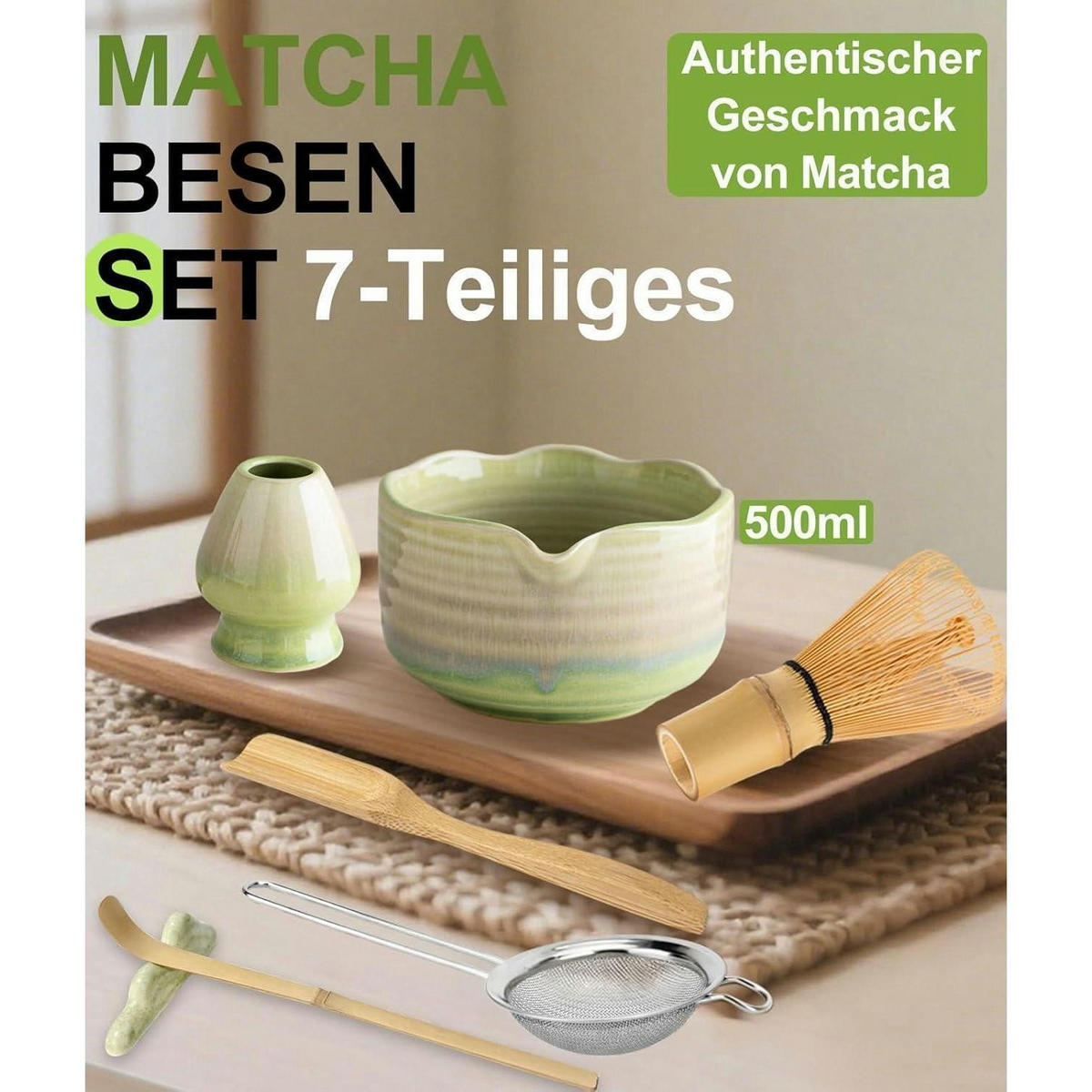 MATCHA Set 7-teiliges Set Keramikschale Bambusbesen Sieb Löffel - Multicolor, Keramik (15/10/15cm)