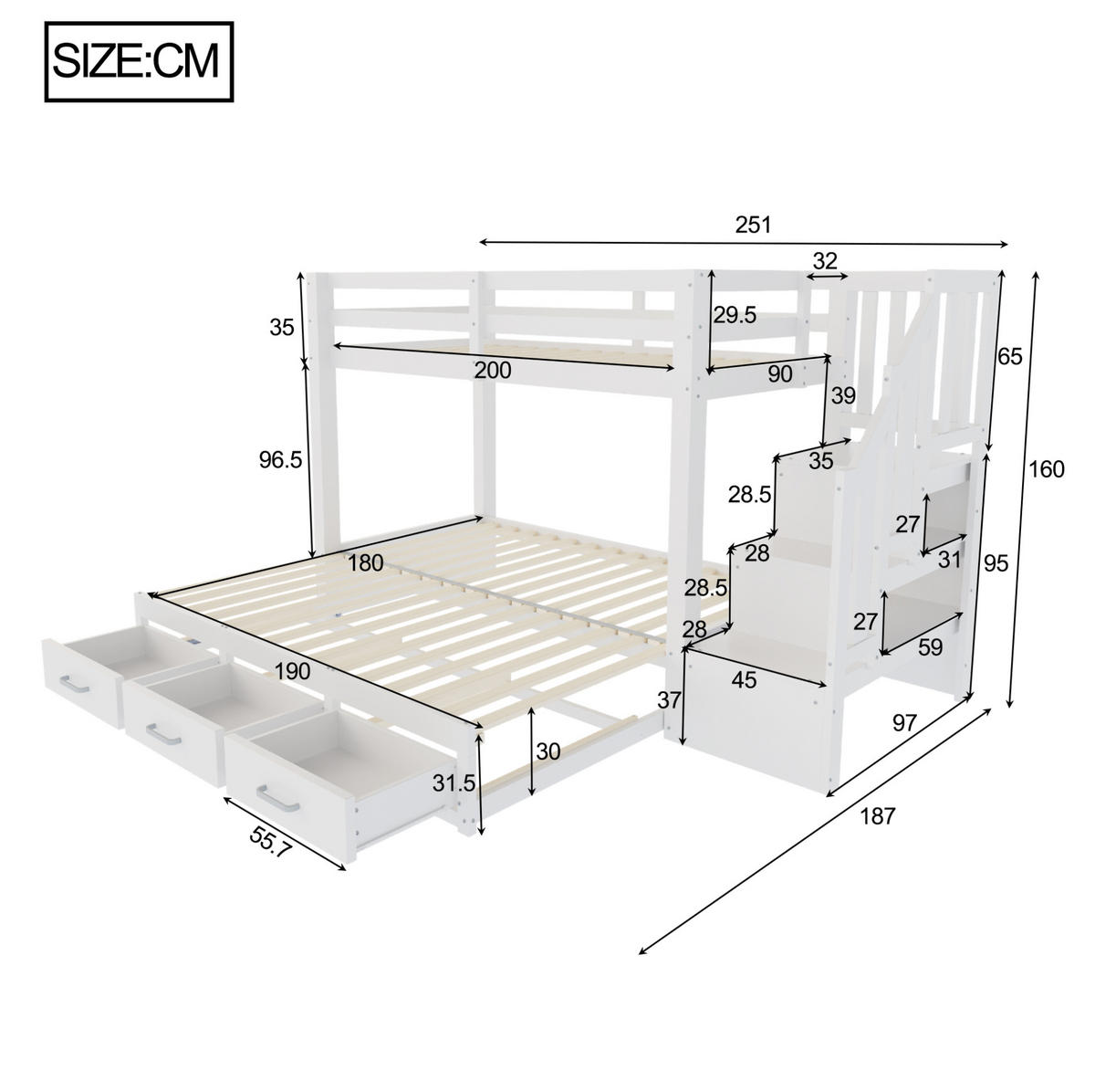 ETAGENBETT 90/200 cm Weiß mit Ausziehbett - Weiß, Holz (90/200cm) - MIVRAY